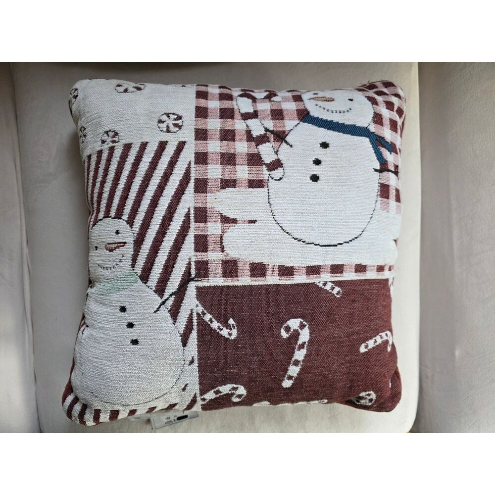 Snowman Candy Cane Decorative Throw Pillow Red & White Checkered Pattern 16"